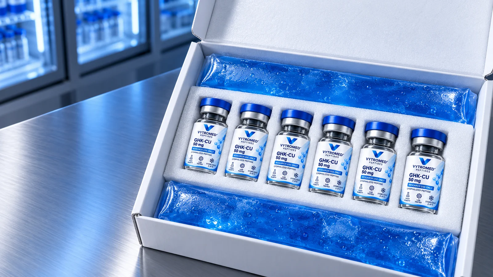 Six GHK-Cu vials in an insulated shipping box between cooling packs